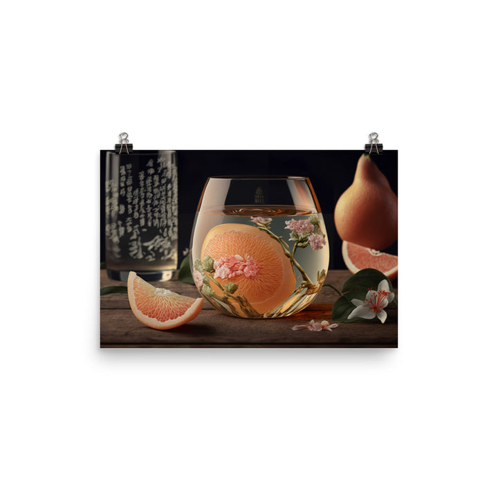 A side view of a clear glass of junmai ginjo sake with a floral aroma photo paper poster - Posterfy.AI