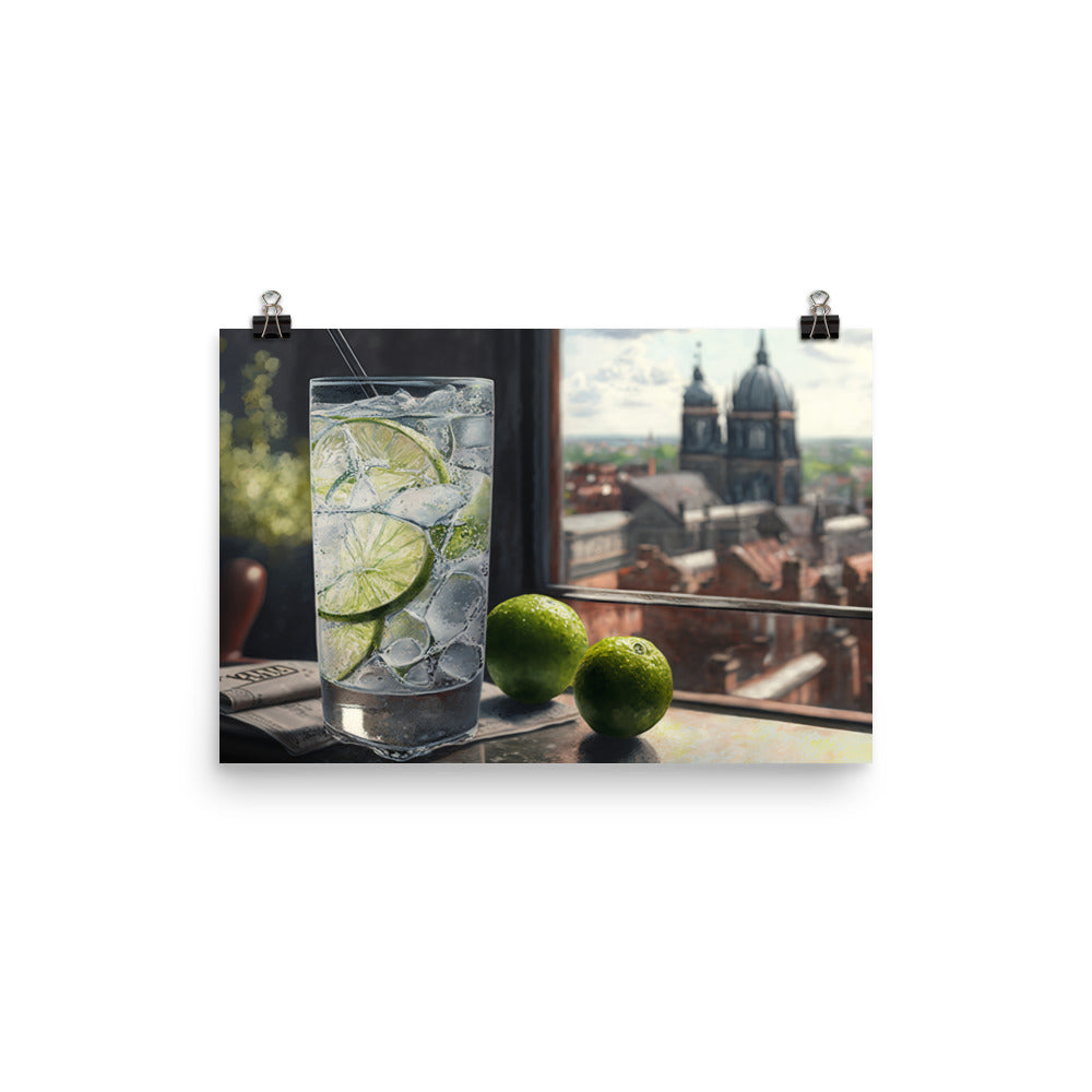A refreshing gin and tonic with a slice of lime photo paper poster - Posterfy.AI