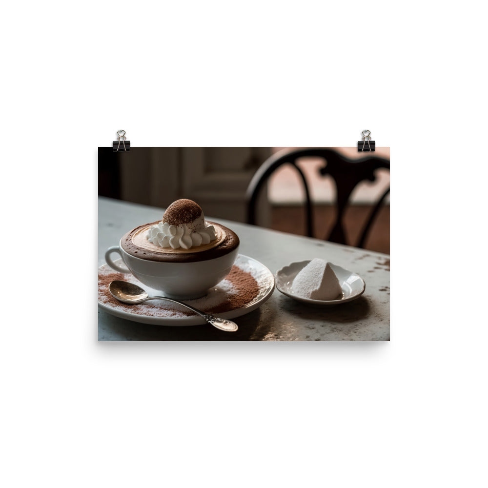 A frothy cappuccino, with a heart shaped foam design and a dusting of cocoa powder photo paper poster - Posterfy.AI