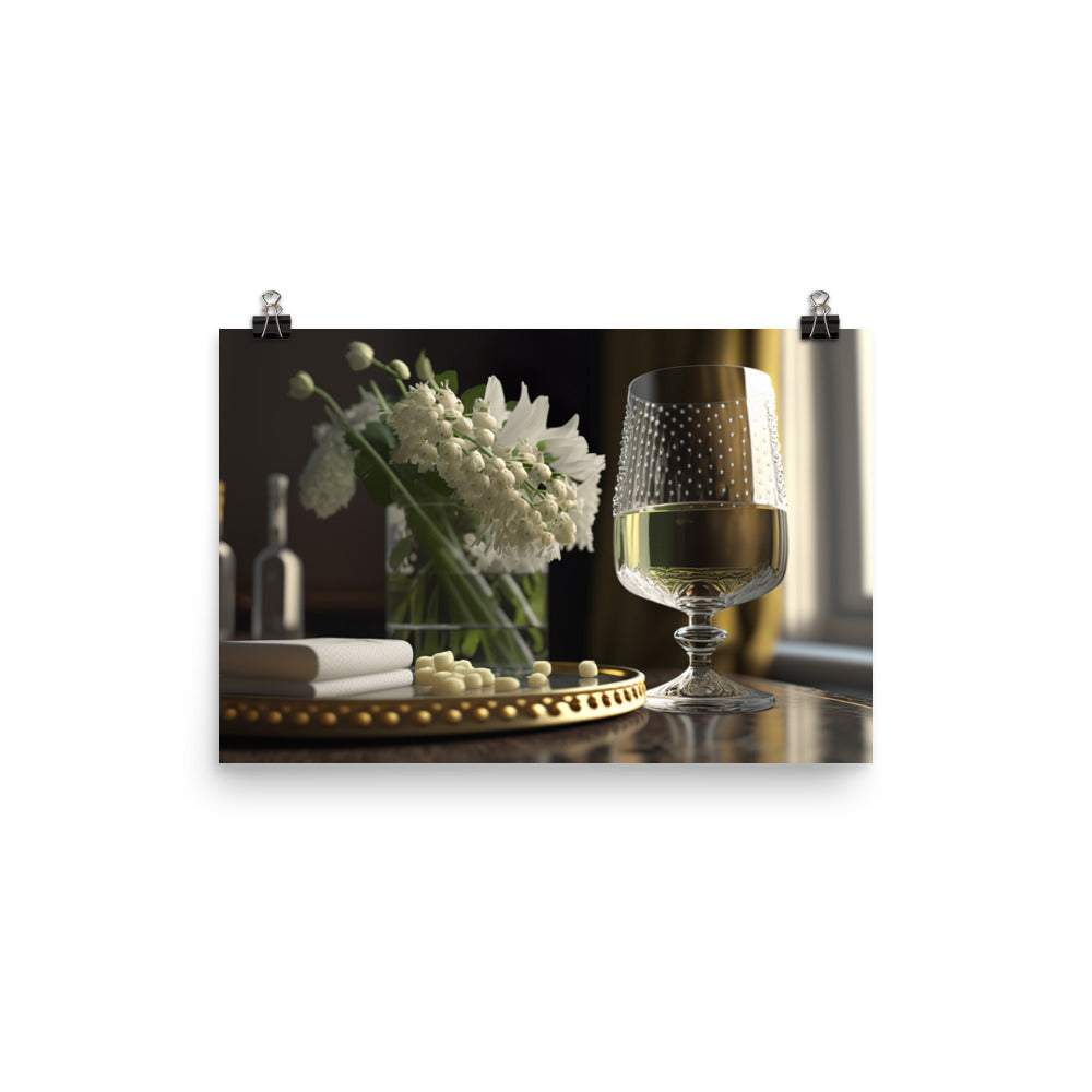 A chilled glass of white wine with beads of condensation on the outside photo paper poster - Posterfy.AI