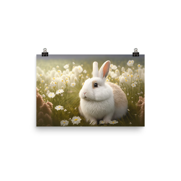 A fluffy white bunny in a field of flowers photo paper poster - Posterfy.AI