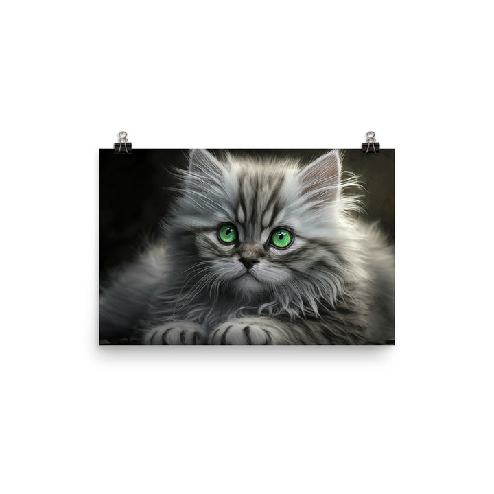 A fluffy gray kitten with bright green eyes photo paper poster - Posterfy.AI