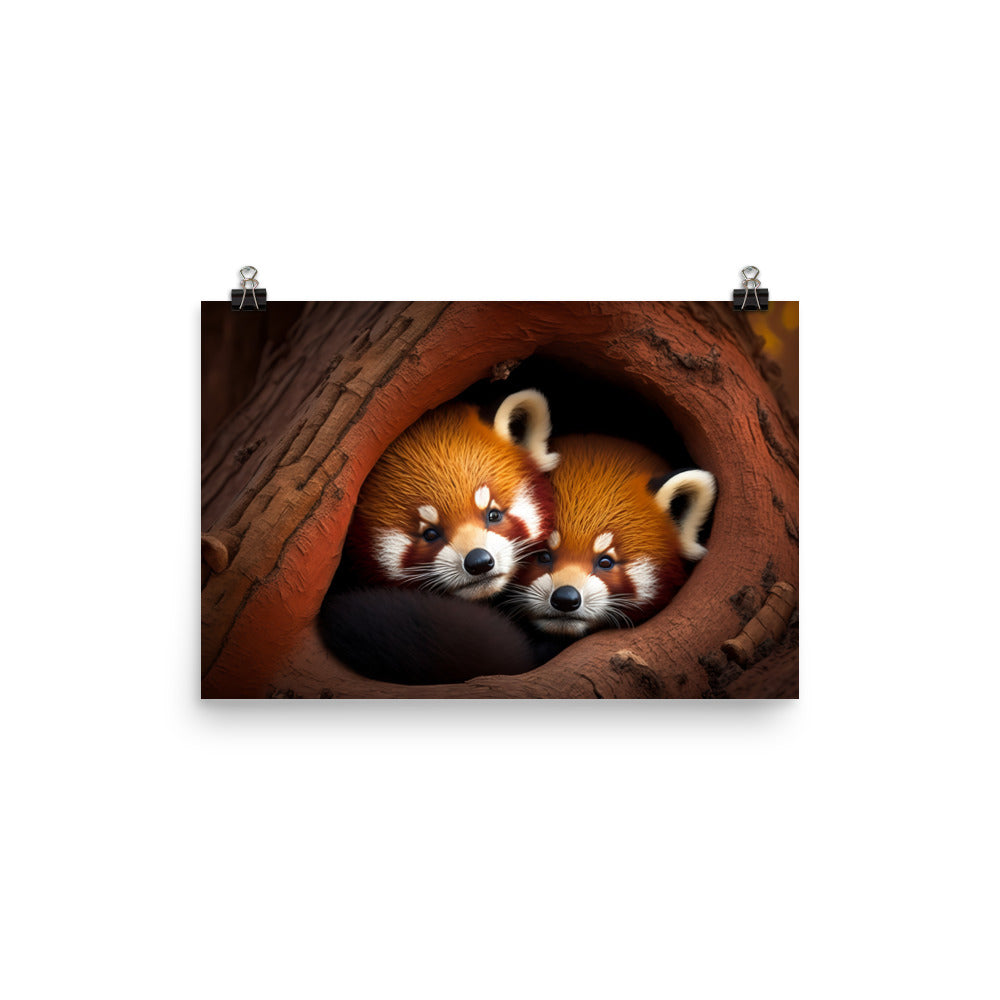 A pair of cute red pandas snuggled up together in a tree hollow photo paper poster - Posterfy.AI