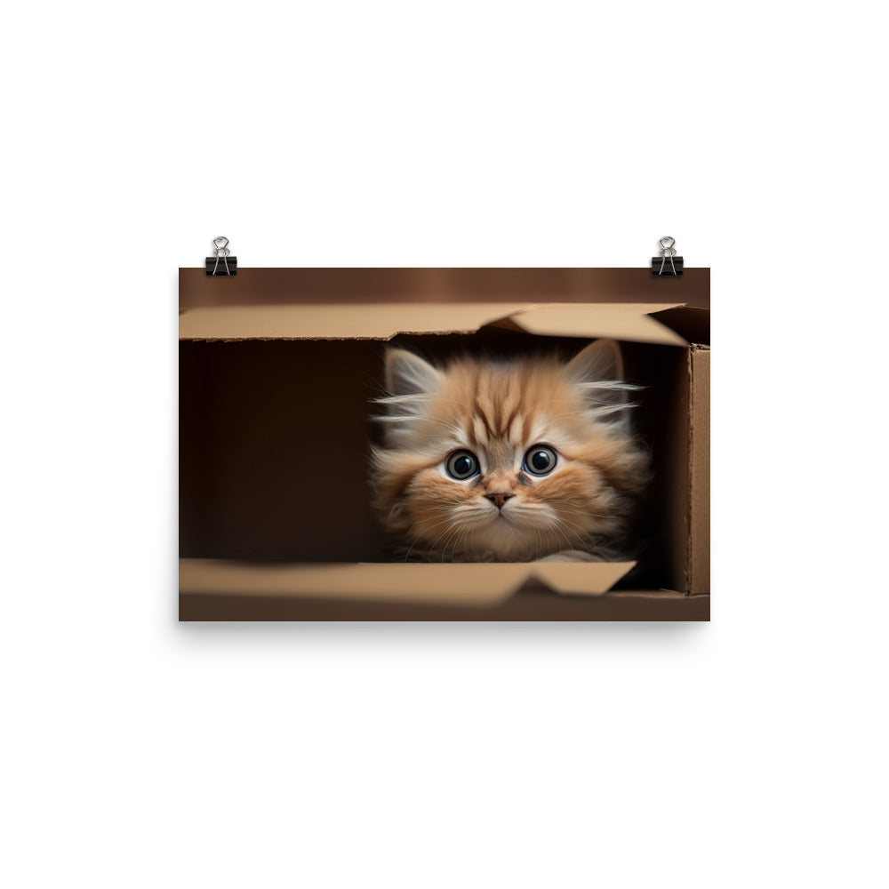 A fluffy kitten peering curiously out of a small cardboard box photo paper poster - Posterfy.AI