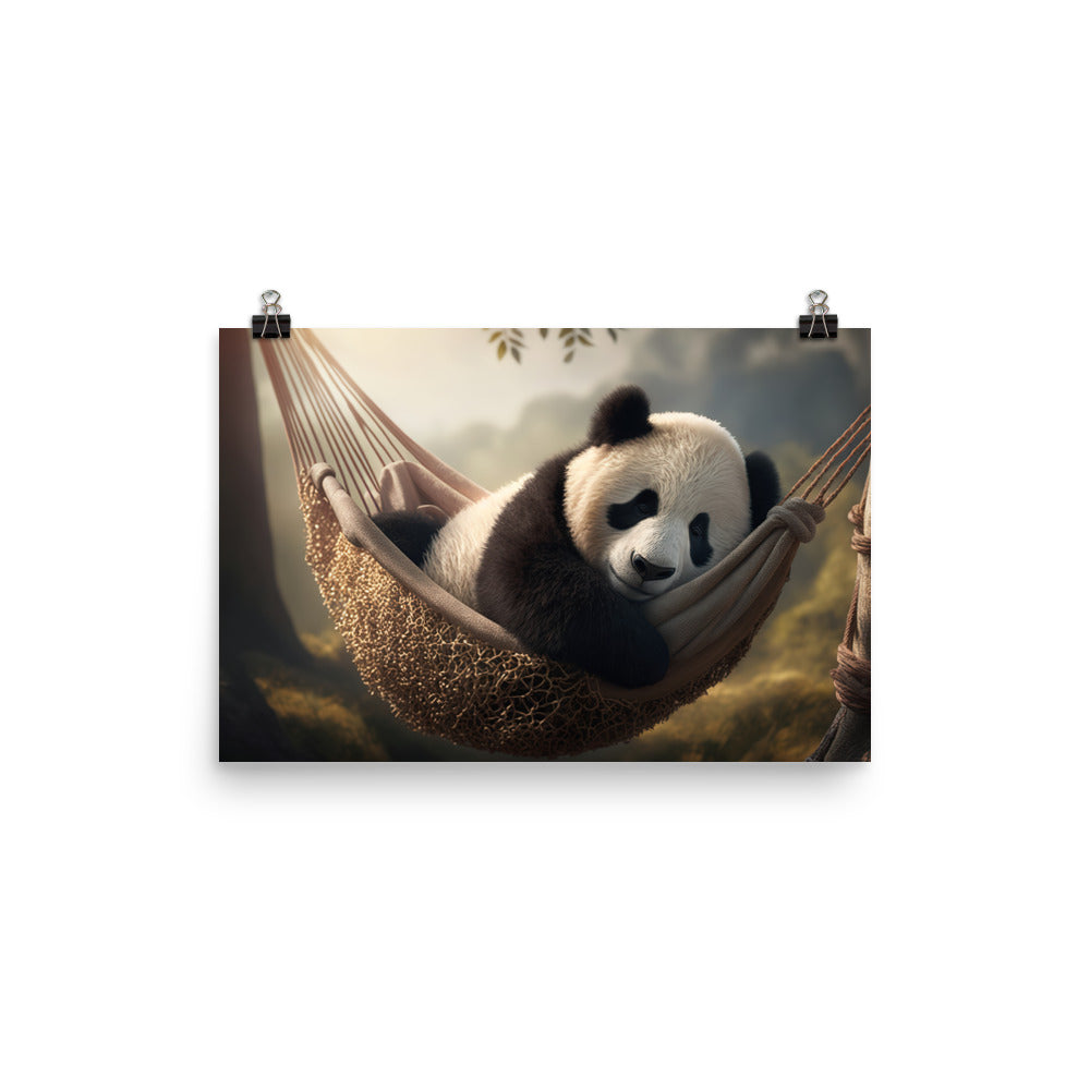 A panda bear taking a nap in a cozy hammock strung between two trees photo paper poster - Posterfy.AI