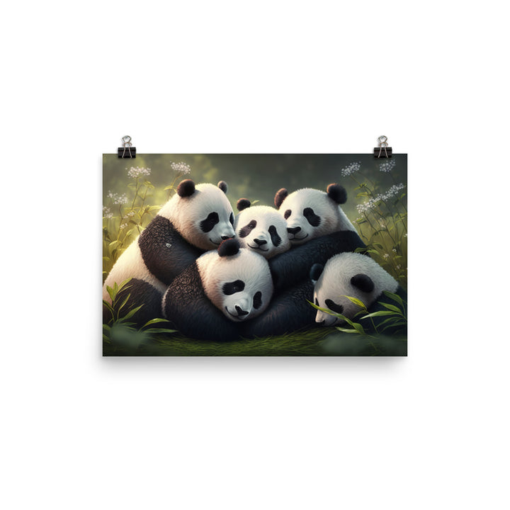 A group of panda bears cuddling together in a peaceful meadow photo paper poster - Posterfy.AI