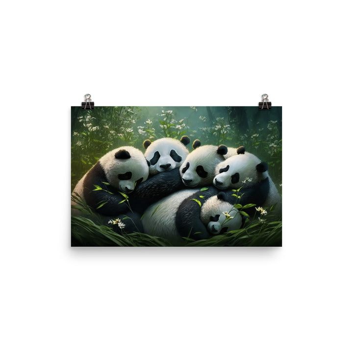 A group of panda bears cuddling together in a peaceful meadow photo paper poster - Posterfy.AI