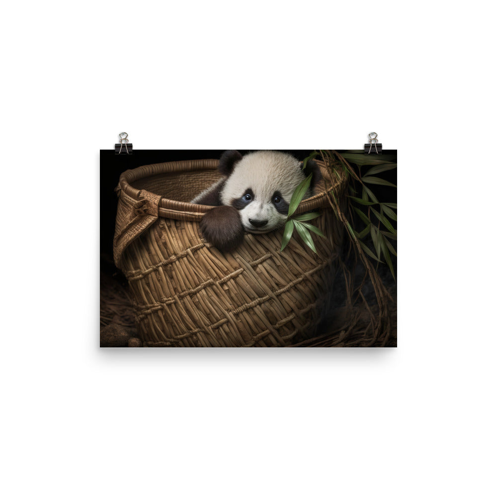 A cute panda cub peeking out from a basket full of bamboo photo paper poster - Posterfy.AI