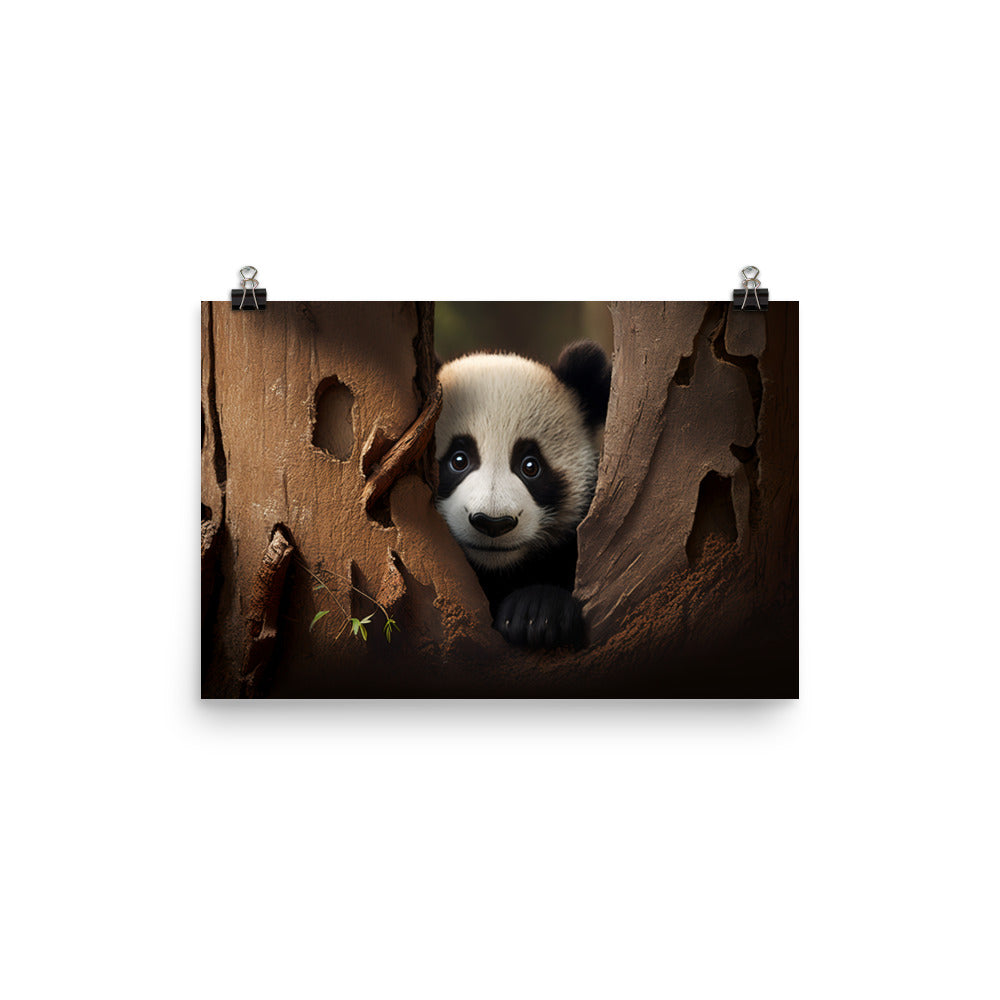 A curious panda bear peeking out from behind a tree trunk photo paper poster - Posterfy.AI