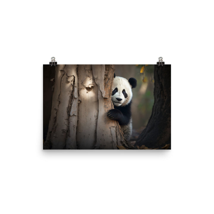 A curious panda bear peeking out from behind a tree trunk photo paper poster - Posterfy.AI