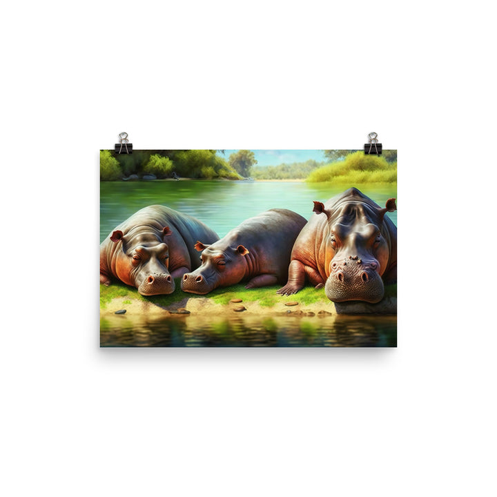 A hippo family sunbathing on the banks of a river photo paper poster - Posterfy.AI