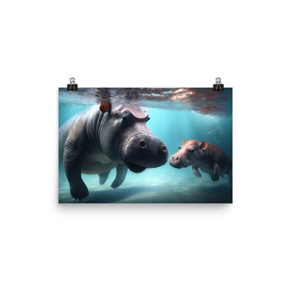 A cute baby hippo playing in the water with its mother photo paper poster - Posterfy.AI