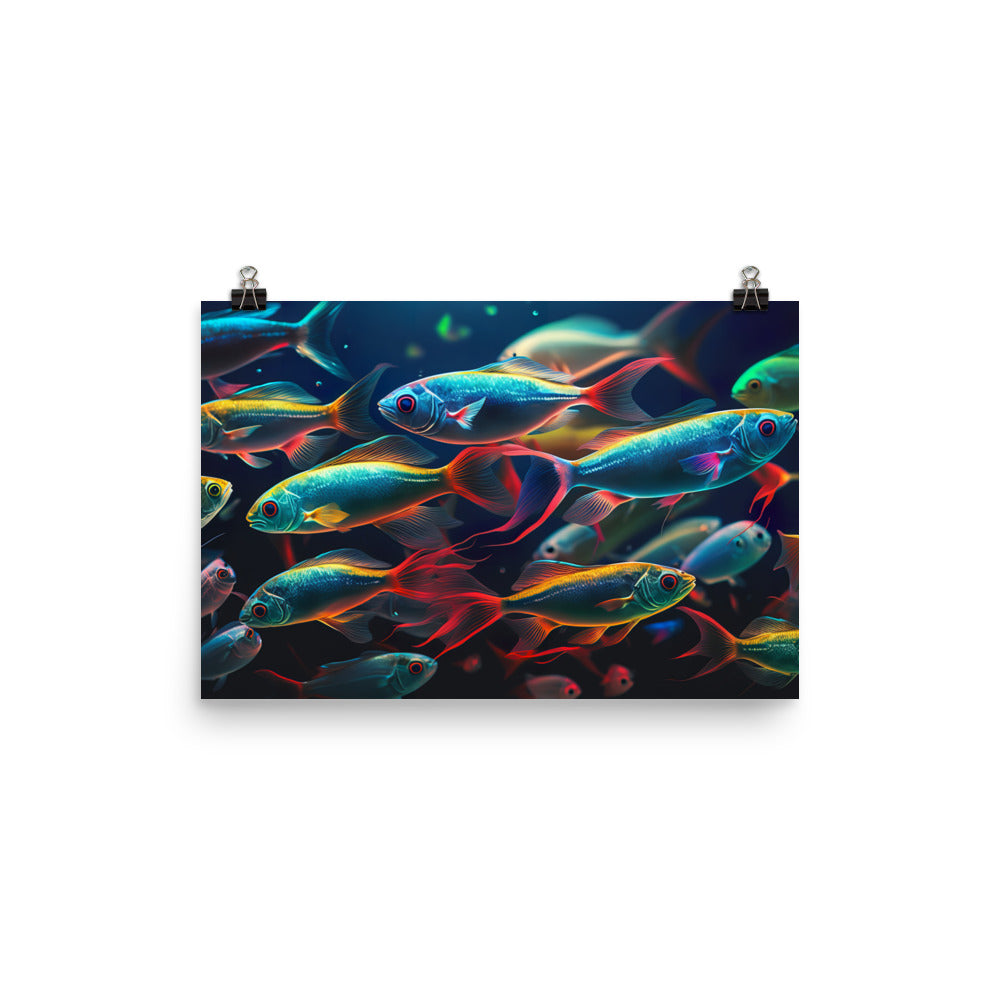 Neon tetras swimming in a brightly lit aquarium photo paper poster - Posterfy.AI