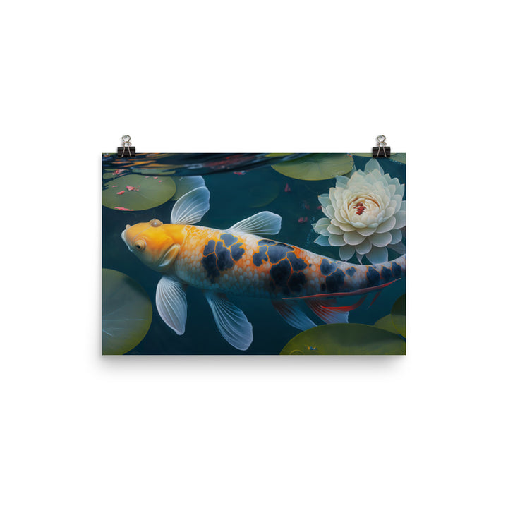 Koi fish swimming in a clear blue pond photo paper poster - Posterfy.AI