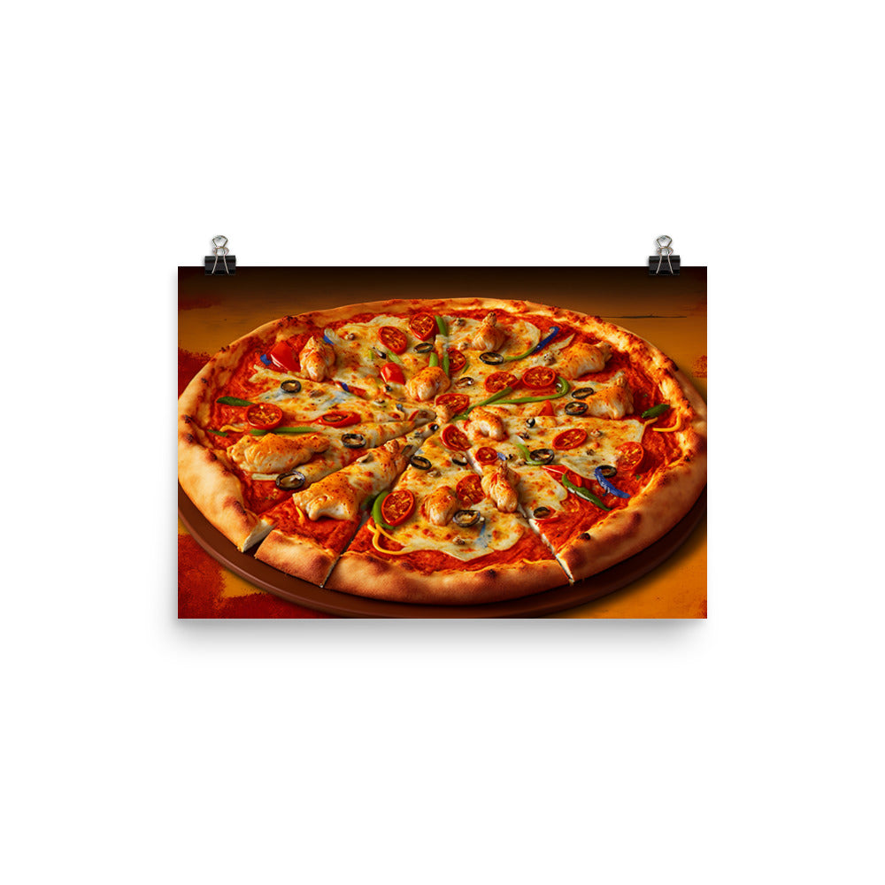 A spicy chicken pizza with chunks of tender chicken photo paper poster - Posterfy.AI