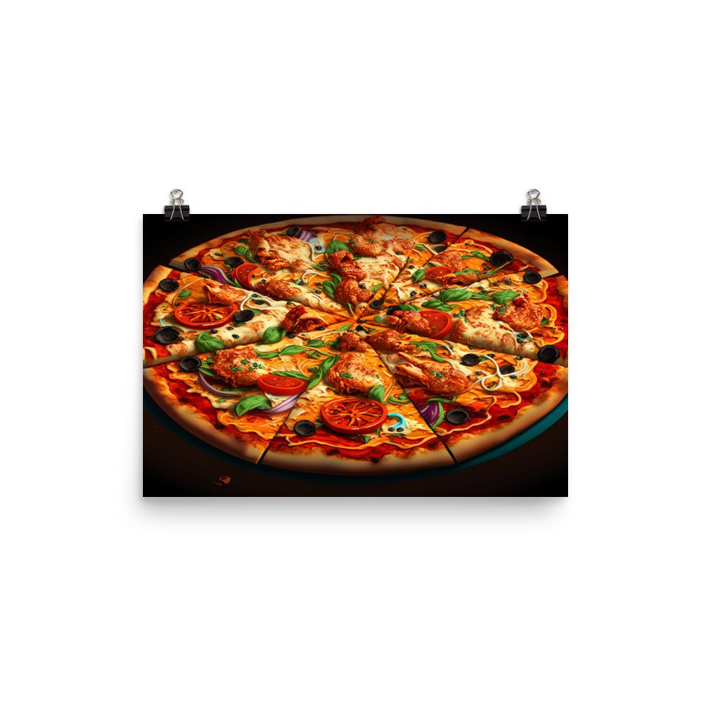 A spicy chicken pizza with chunks of tender chicken photo paper poster - Posterfy.AI