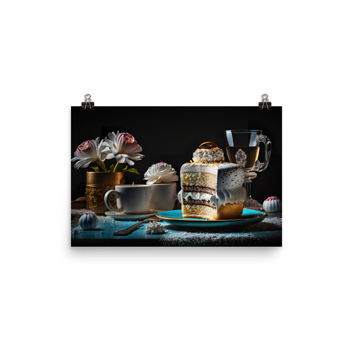 A Charming cafe with Delicious Coffee and Cake photo paper poster - Posterfy.AI