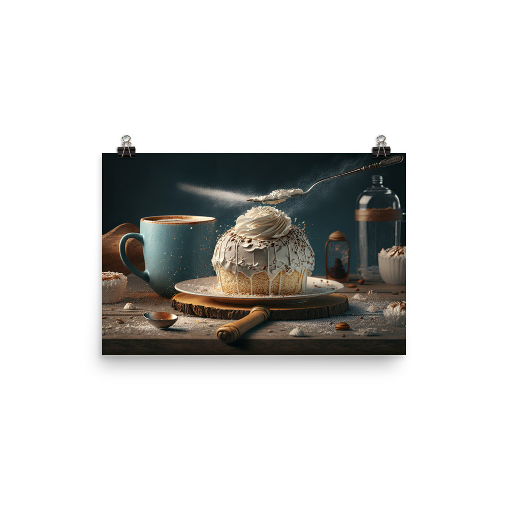 A Charming cafe with Delicious Coffee and Cake photo paper poster - Posterfy.AI