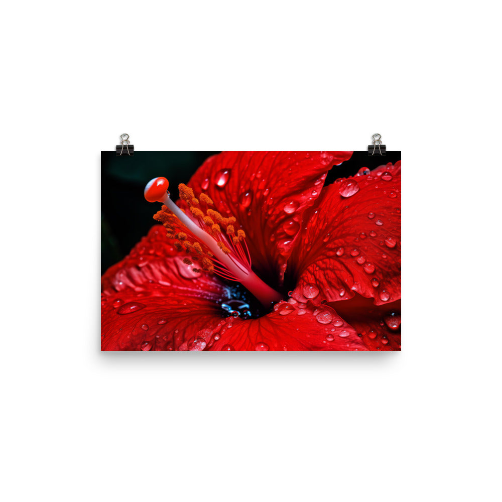 Close-Up of a Red Hibiscus with Dew Drops  photo paper poster - Posterfy.AI