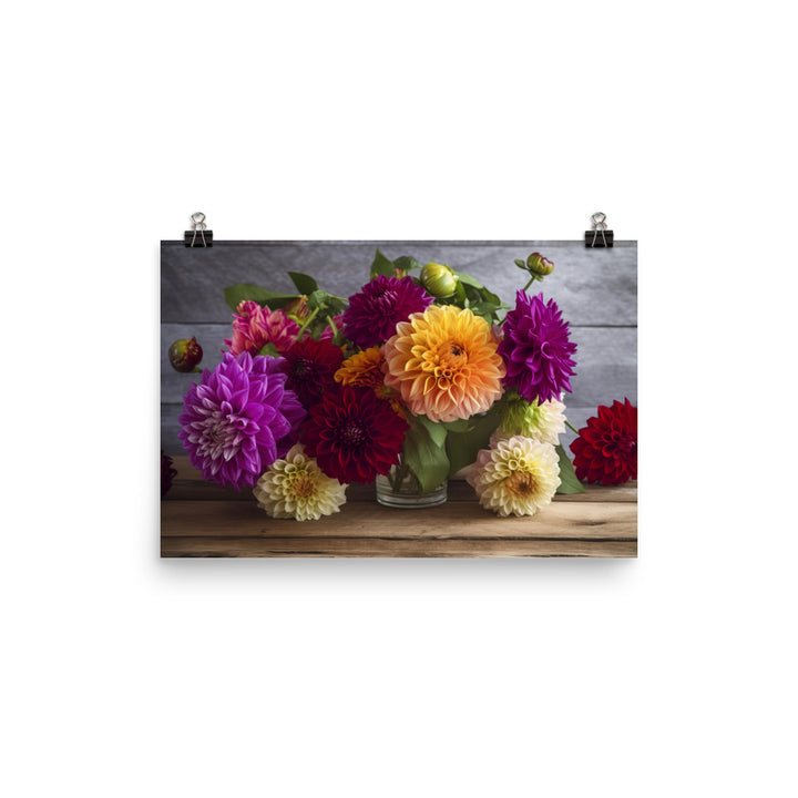 Dahlia Bouquet on a Wooden Table photo paper poster - Posterfy.AI