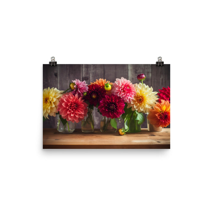 Dahlia Bouquet on a Wooden Table photo paper poster - Posterfy.AI