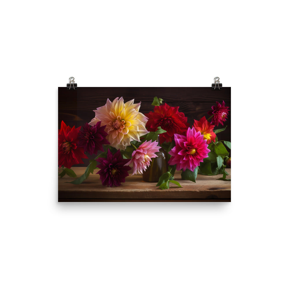 Dahlia Bouquet on a Wooden Table photo paper poster - Posterfy.AI