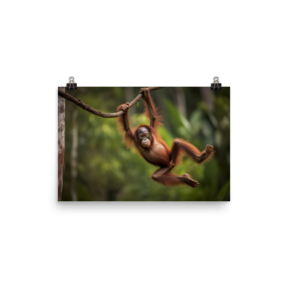 Playful Orangutan Swinging on Branch photo paper poster - Posterfy.AI