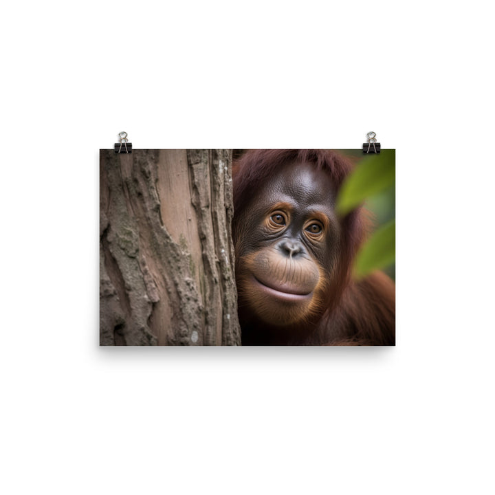 Inquisitive Orangutan Peeking from Behind Tree photo paper poster - Posterfy.AI