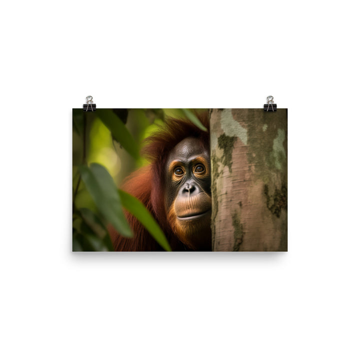 Inquisitive Orangutan Peeking from Behind Tree photo paper poster - Posterfy.AI