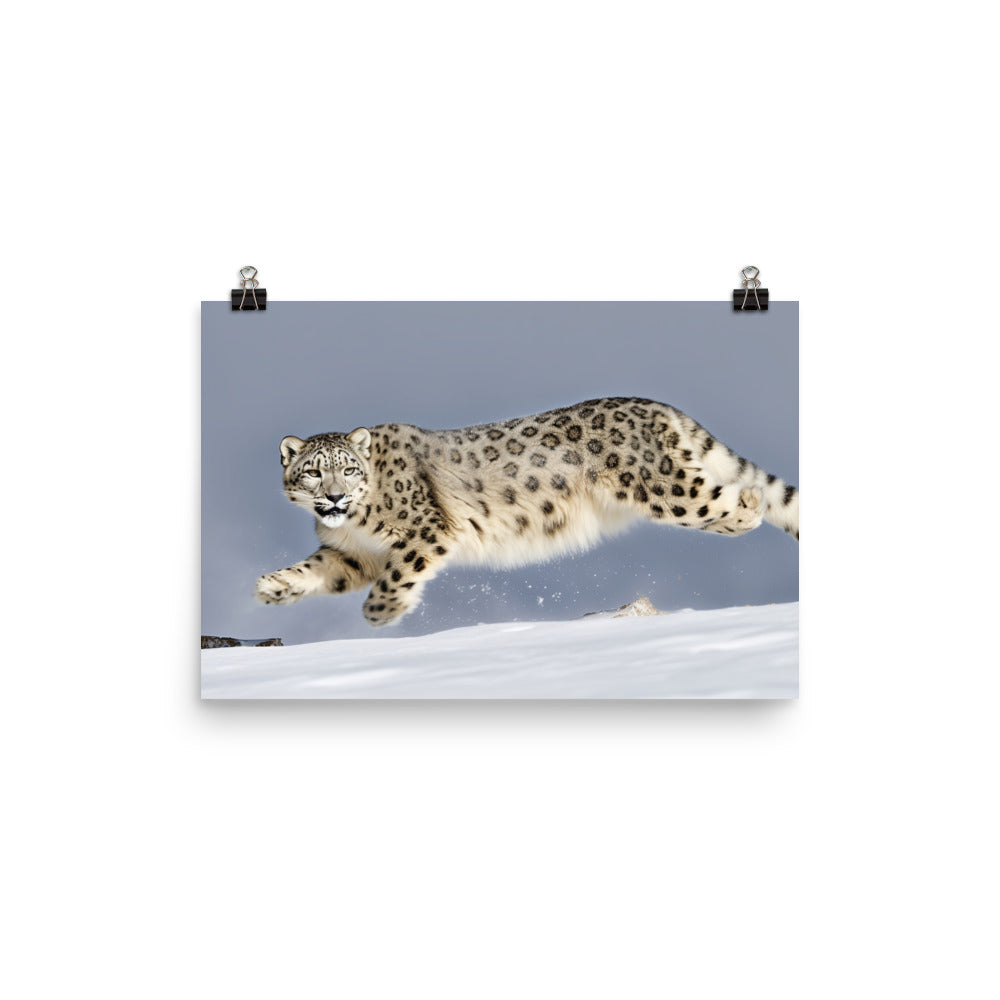 A Snow Leopard leaping through the air photo paper poster - Posterfy.AI