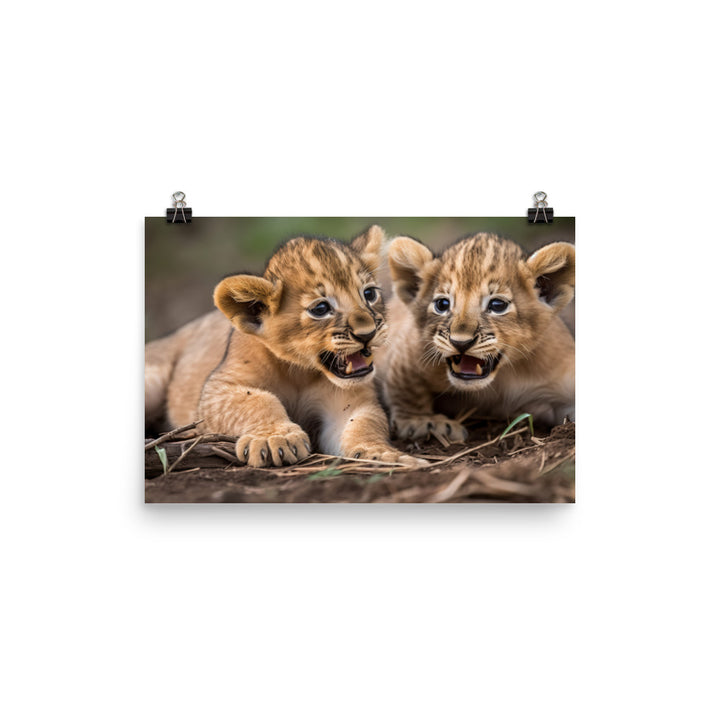 Lion Cubs Playtime photo paper poster - Posterfy.AI