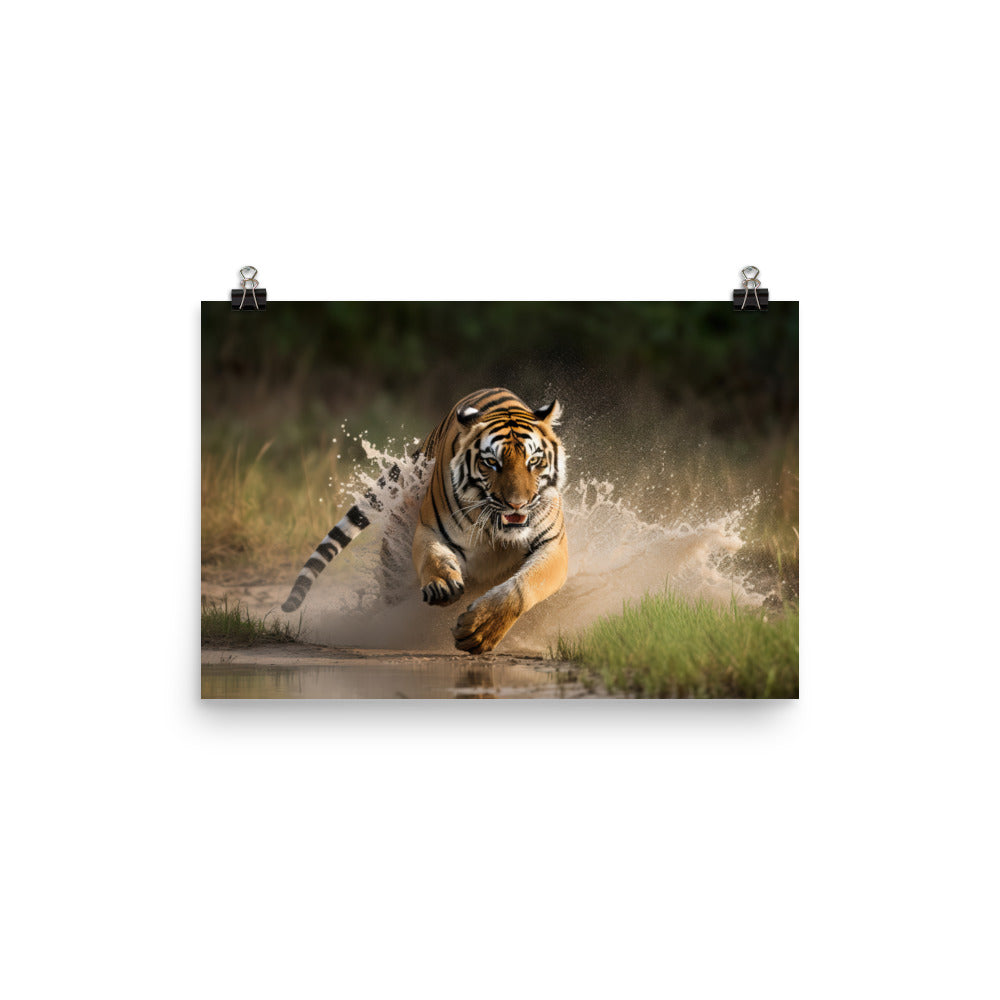 Bengal Tiger Pouncing on Prey photo paper poster - Posterfy.AI