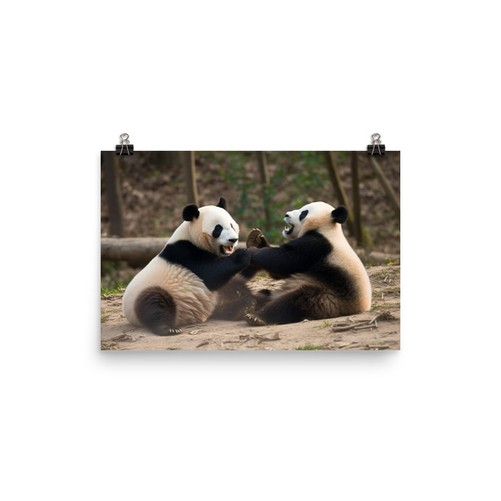 Playful Panda Duo in Action photo paper poster - Posterfy.AI