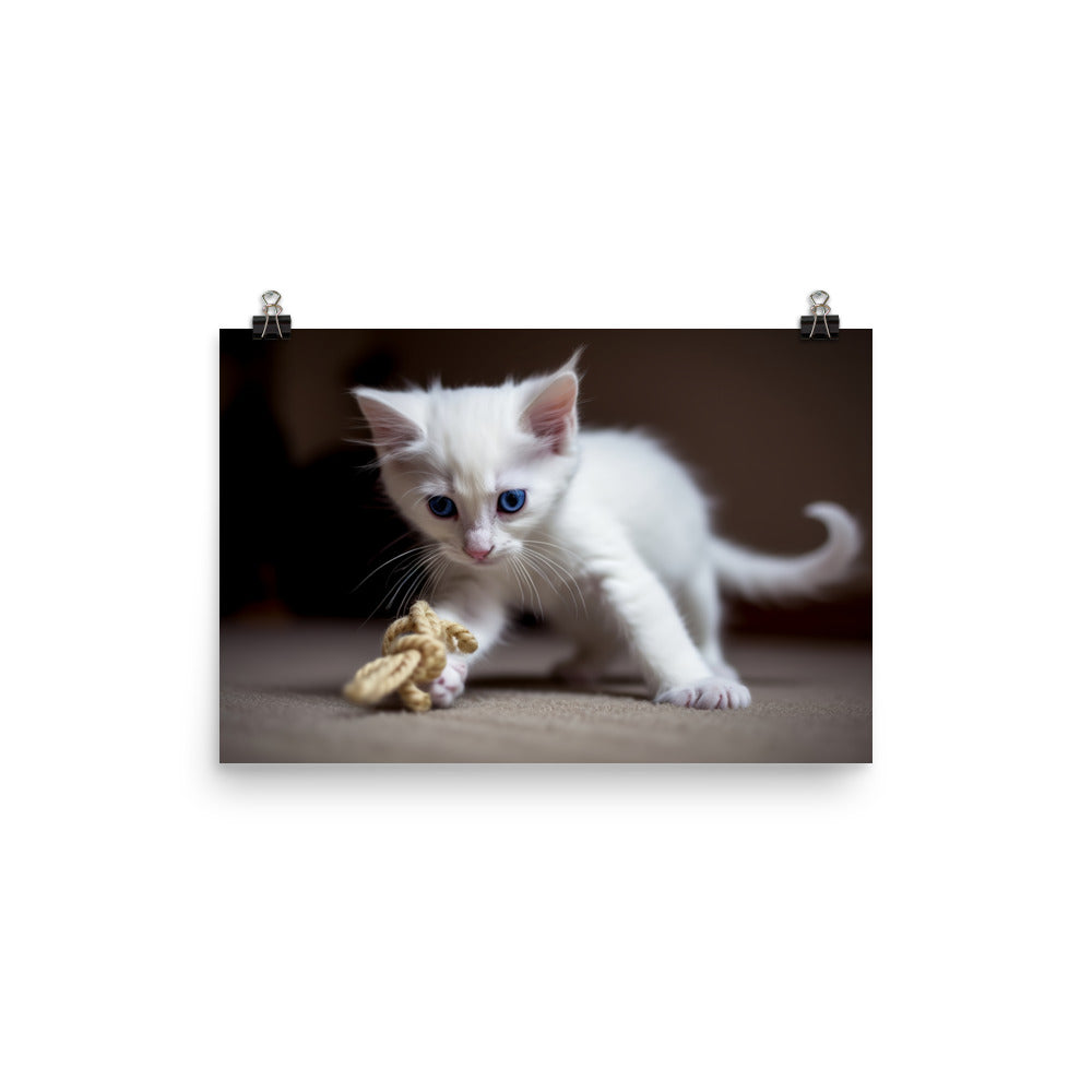 Adorable Turkish Angora kitten playing with a toy photo paper poster - Posterfy.AI