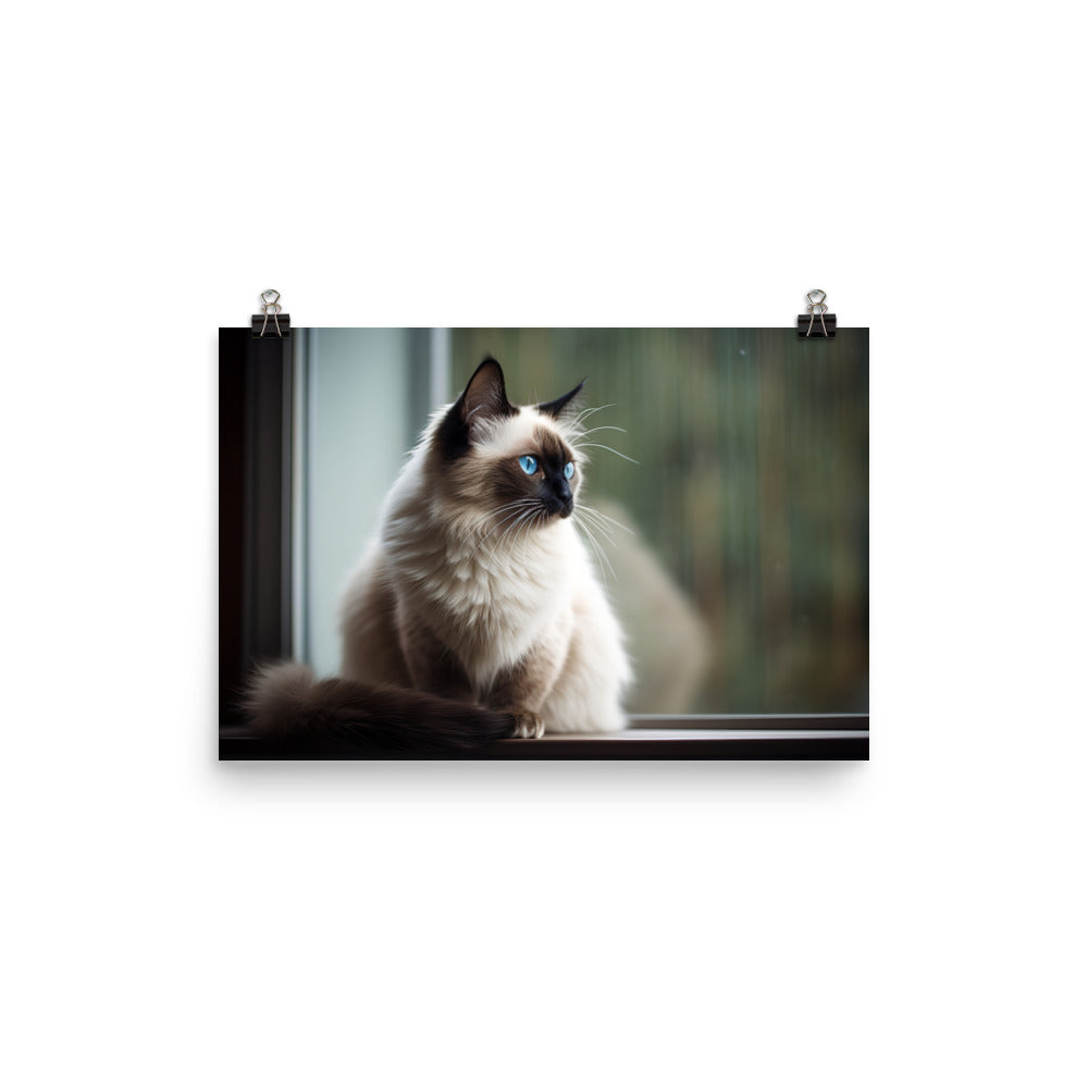 Graceful Balinese Cat Posing on the Window Sill photo paper poster - Posterfy.AI