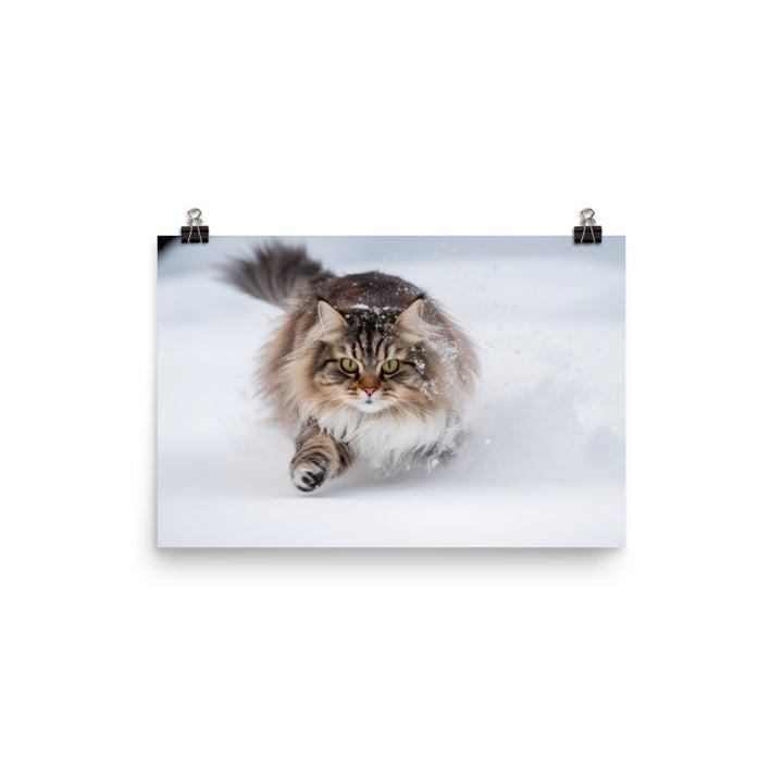 Norwegian Forest Cat Playing in the Snow photo paper poster - Posterfy.AI