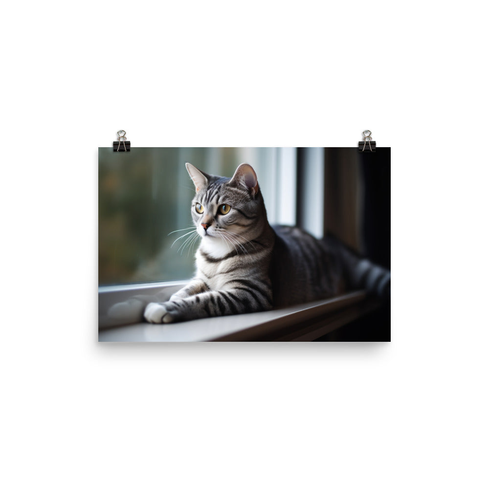 Charming American Shorthair posing on a windowsill photo paper poster - Posterfy.AI