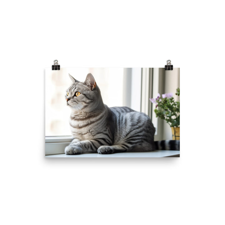 Charming American Shorthair posing on a windowsill photo paper poster - Posterfy.AI