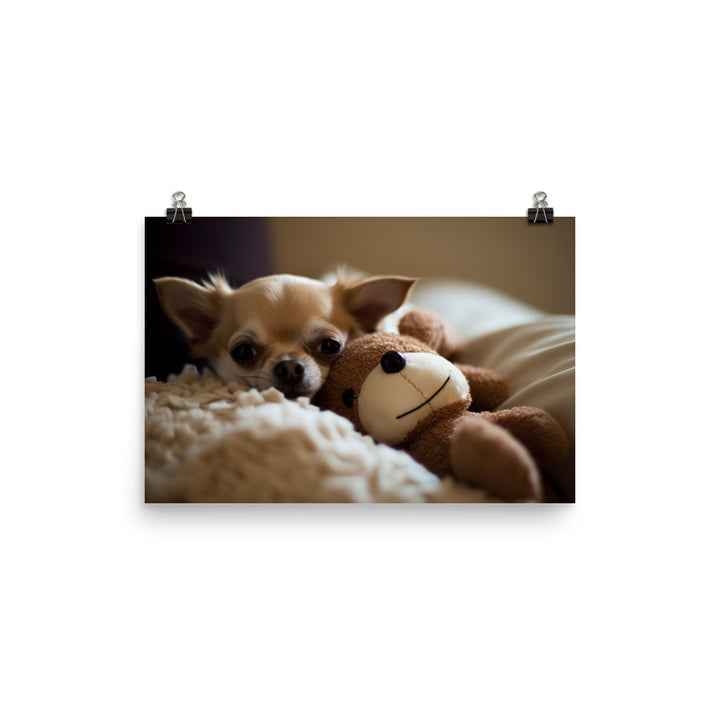 A Chihuahua snuggled up with a plush toy photo paper poster - Posterfy.AI