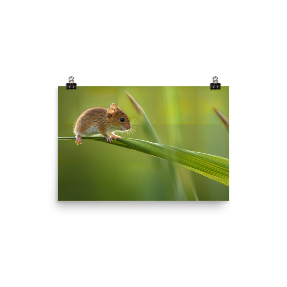 Harvest Mouse balancing on a blade of grass photo paper poster - Posterfy.AI