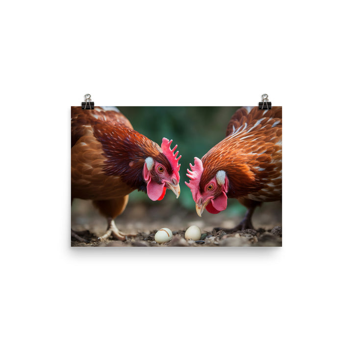 Rhode Island Red Chicken enjoying their Favorite Treats photo paper poster - Posterfy.AI