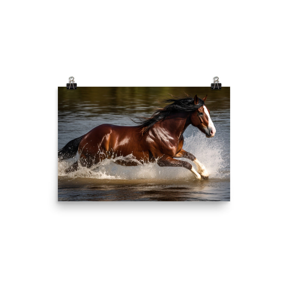 Clydesdale Horse Running through Water photo paper poster - Posterfy.AI