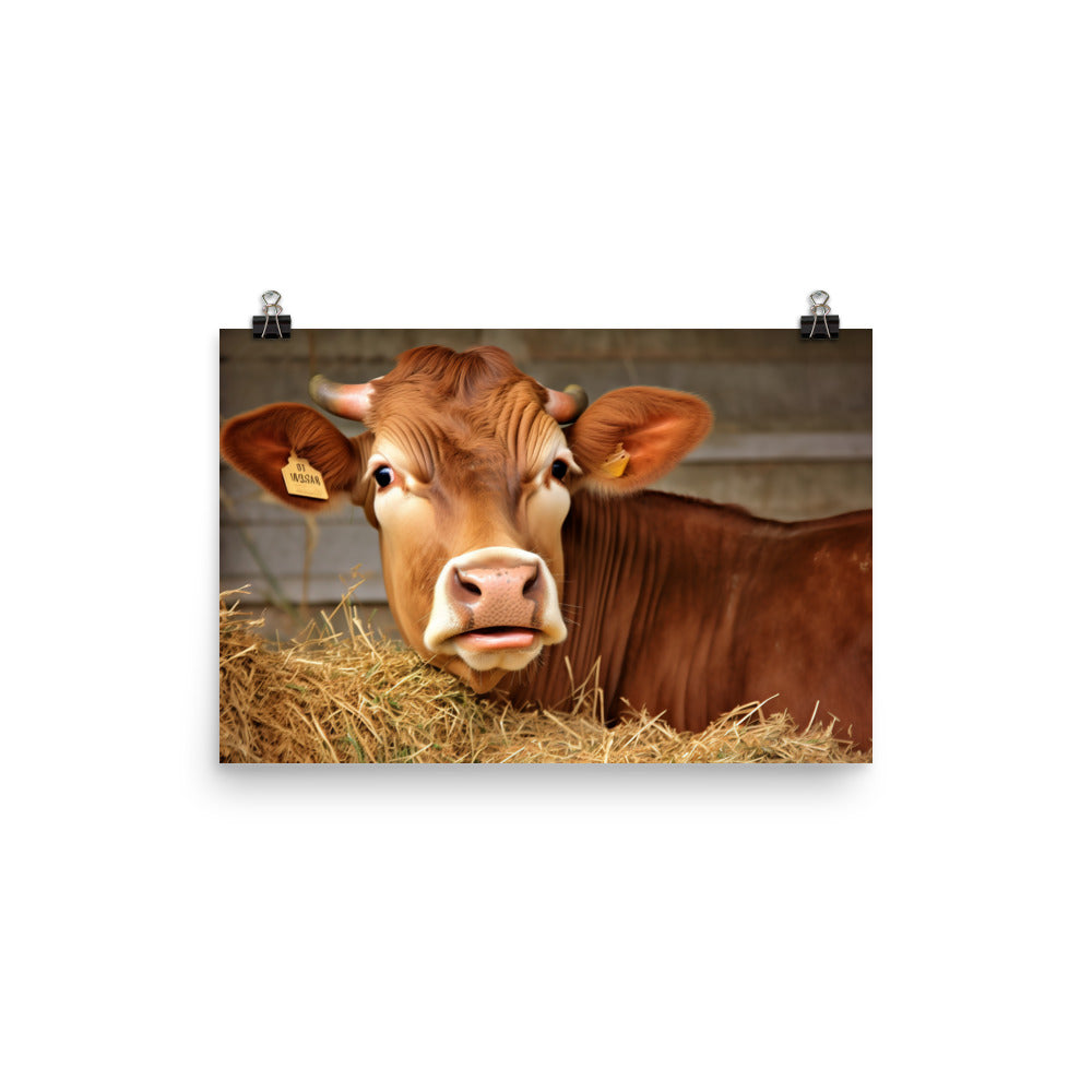 Happy Jersey Cow Enjoying a Fresh Hay Bale photo paper poster - Posterfy.AI