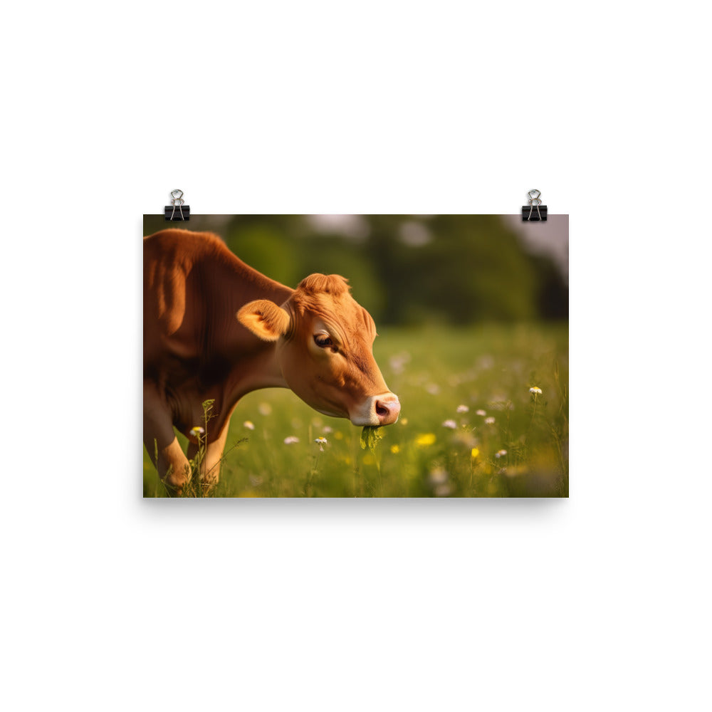 Adorable Jersey Cow Grazing in a Sunny Meadow photo paper poster - Posterfy.AI