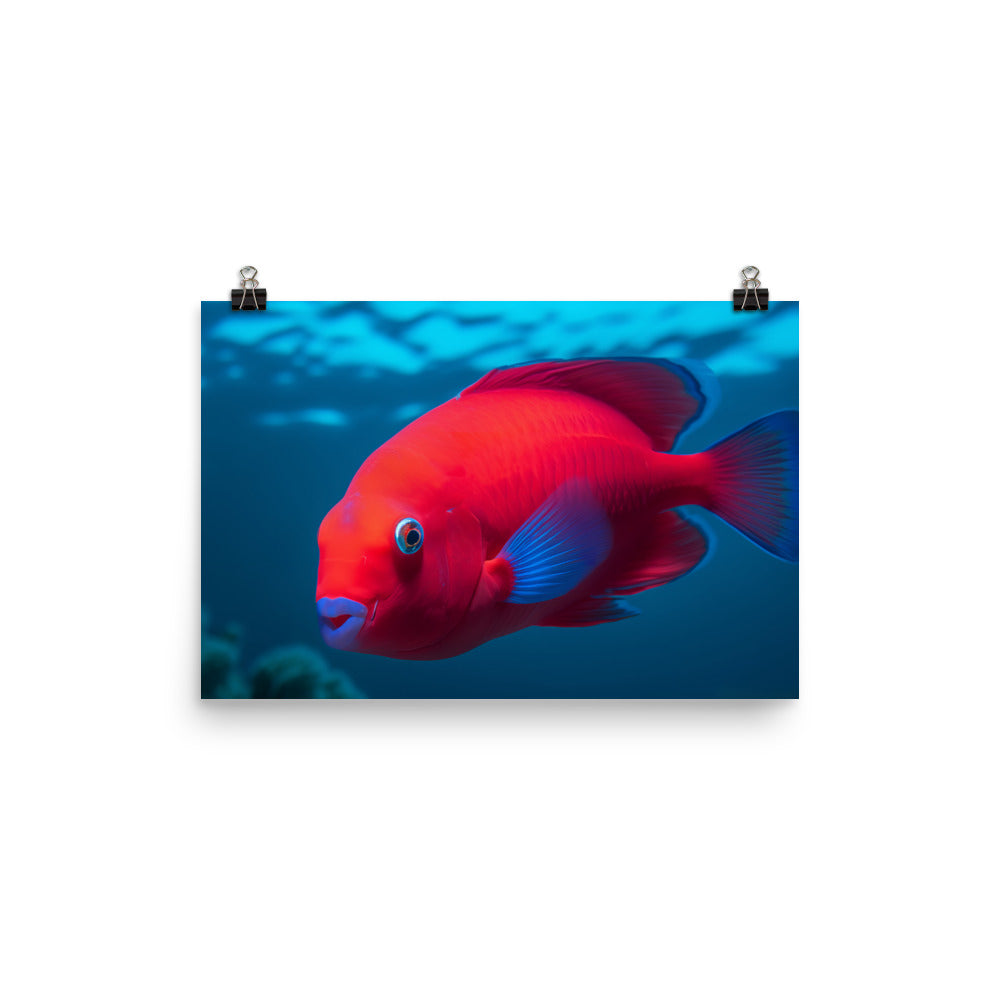Vibrant Blood Parrot Fish Swimming in Tropical Waters photo paper poster - Posterfy.AI