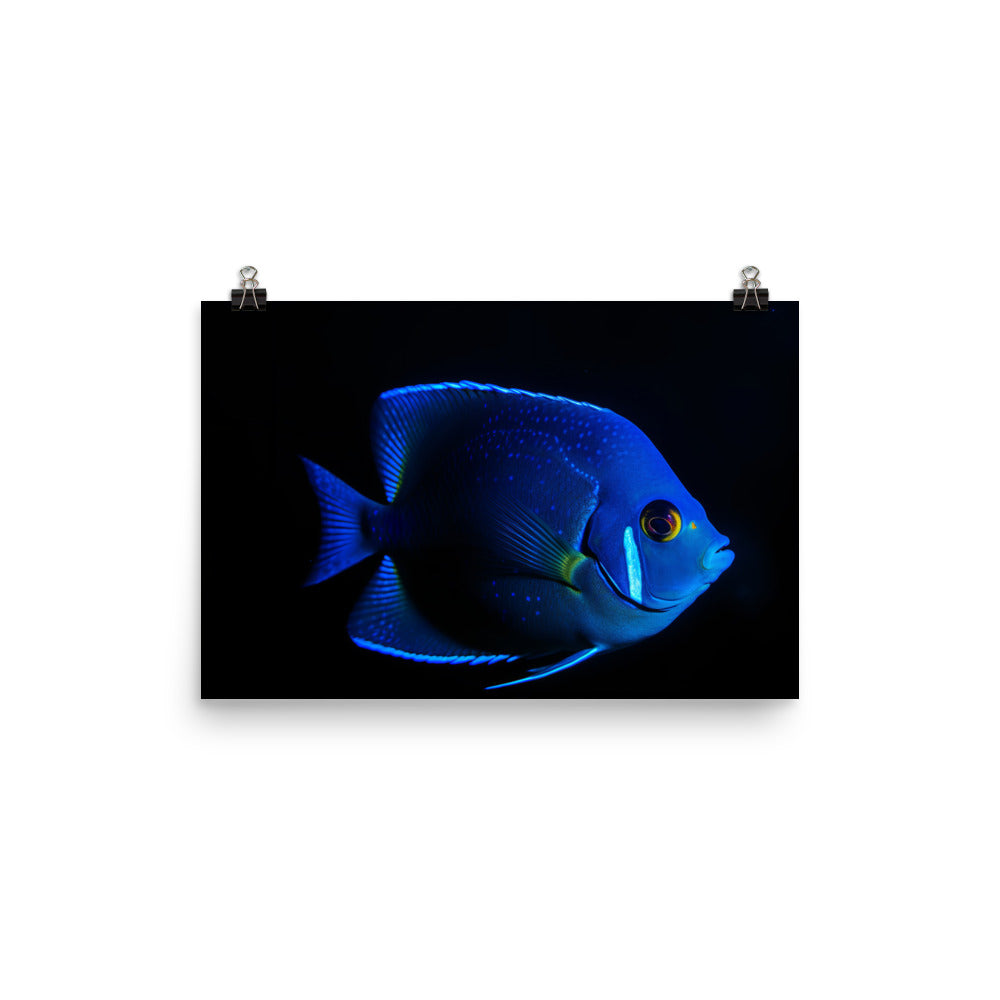 A Glowing Blue Angelfish in the Dark Abyss Photo paper poster - Posterfy.AI
