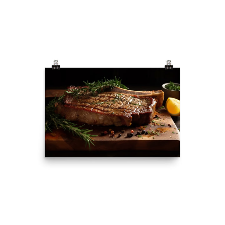 T-Bone Steak on a Wooden Board photo paper poster - Posterfy.AI