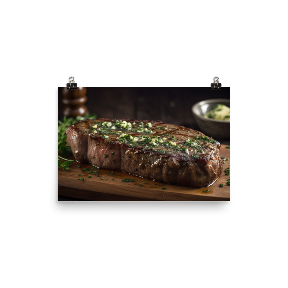 New York Strip Steak with Garlic Butter and Herbs photo paper poster - Posterfy.AI