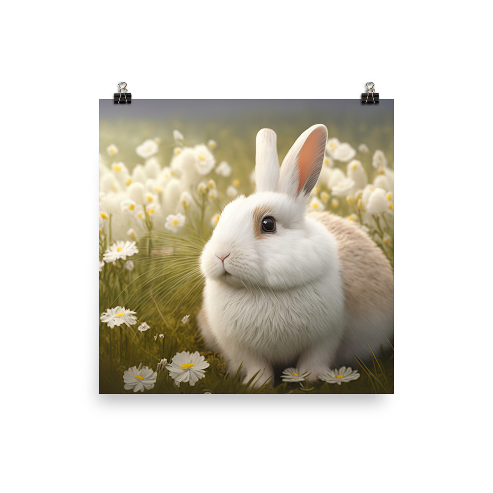 A fluffy white bunny in a field of flowers photo paper poster - Posterfy.AI