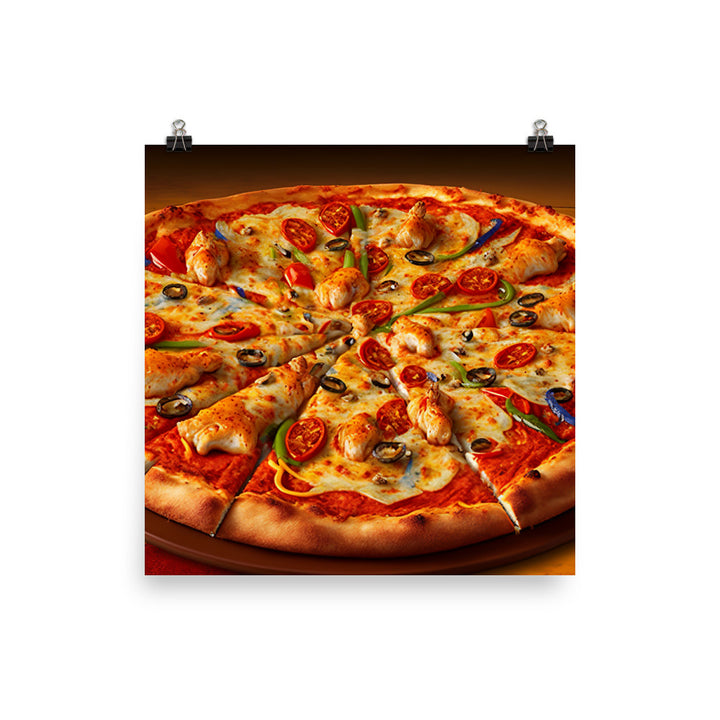 A spicy chicken pizza with chunks of tender chicken photo paper poster - Posterfy.AI